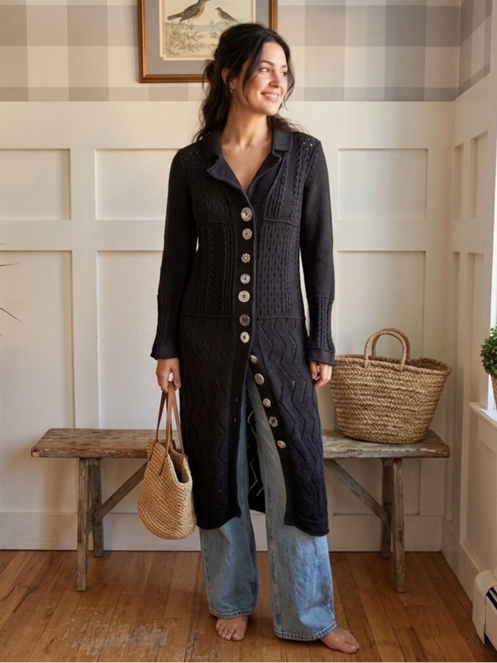 Pure Handknit Bohemian Black‎ Knit Cardigan with Statement Buttons Size Small